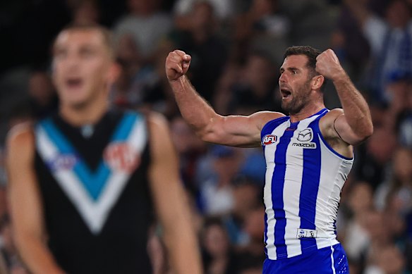 Jack Darling celebrates a North Melbourne goal.