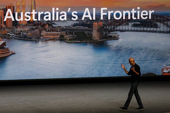 Chairman and CEO of Microsoft Satya Nadella speaks on stage during the Microsoft AI Tour in Sydney.