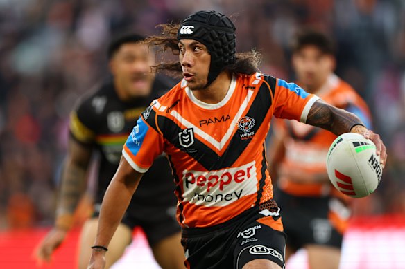 Tigers playmaker Jarome Luai on the attack against Penrith.