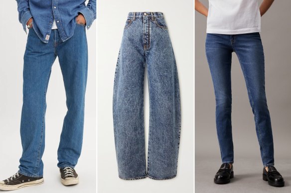 Denim styles (left to right): Straight leg, Levi’s 501s, $129.95; barrel leg, Alaia acid wash, $1194, netaporter; skinny jeans, $149, Calvin Klein.