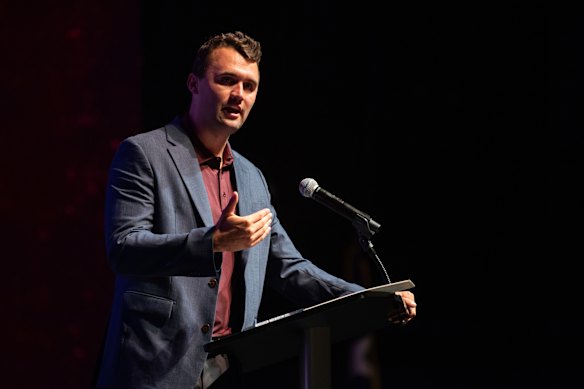 Charlie Kirk speaks at Texas A&M University as part of Turning Point USA’s American Comeback Tour in April this year. 