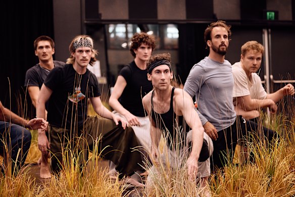 Dancers among the fake spinifex during rehearsals for Flora. 