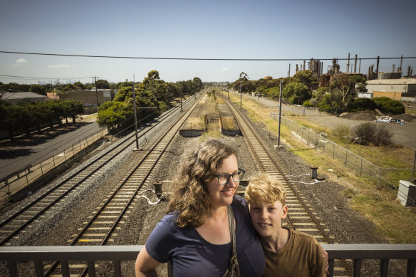 Rowena Joske, pictured near the old Paisley Train Station in Altona North with her 10-year-old son Duncan.