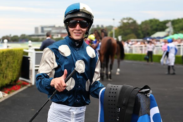 Jockey Zac Lloyd after his win on Sun God at Randwick last Saturday.