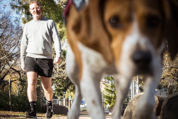 Brett Potts, with his dog Vera, supports the division of dog parks into areas for more confident and quieter dogs. 
