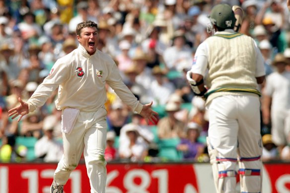 Stuart MacGill (left) celebrates a wicket for Australia in 2005.
