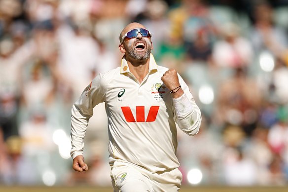 Lyon celebrates Zak Crawley’s wicket.