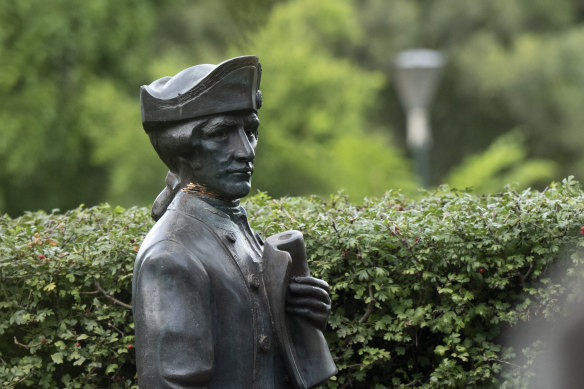 The Captain Cook statue with damage to the neck after vandals tried to behead it in the Fitzroy Gardens.