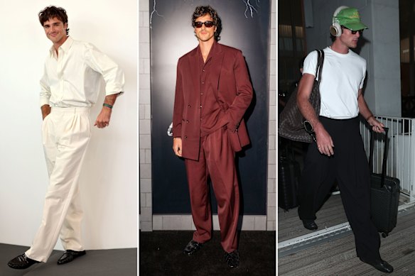 Jacob Elordi at the Venice Film Festival in August wearing Bottega Veneta; at the LA premiere of ‘Frankenstein’ wearing a Bottega Veneta suit; arriving in Venice in August wearing a white T-shirt, Jacques Marie Mage’s Casablanca sunglasses, “Saint Natalie Wood” cap from James Franco’s streetwear label, Paly Hollywood, Bang & Olufsen headphones, Bottega Veneta bag and Prada shoes.