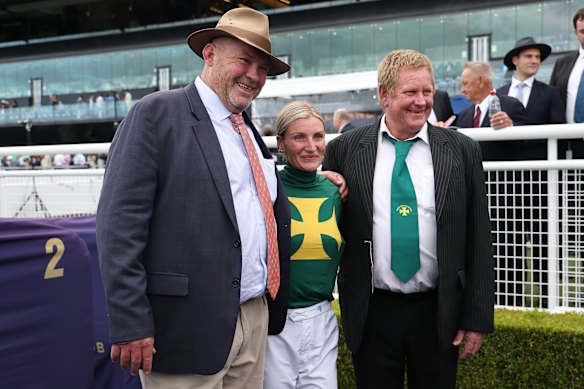 Sheza Alibi’s co-trainer Peter Moody, jockey Jamie Melham and owner Fred Noffke after the Doncaster.
