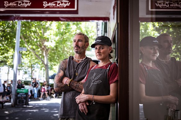 Bakers Delight franchisee’s Sharon and Damien Fairbanks  outside their Carlton bakery in Lygon Street.