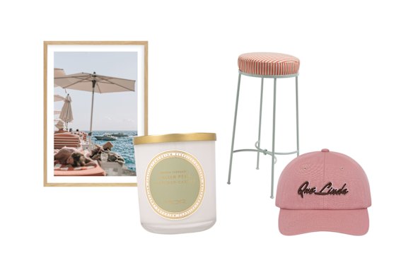 Framed canvas print by Teigan Geercke; “Italian Pear” candle; “Lunetta” stool; “Que Linda” cap.  