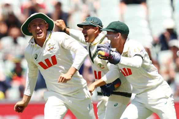 Marnus Labuschagne wheels away after taking the final catch of the Test.