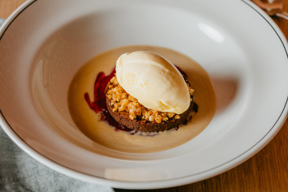 Chocolate flourless cake, raspberries, muscat coffee custard at Kin.