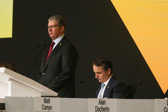 CBA chairman Paul O’Malley (left) and chief executive Matt Comyn at the AGM in Brisbane.