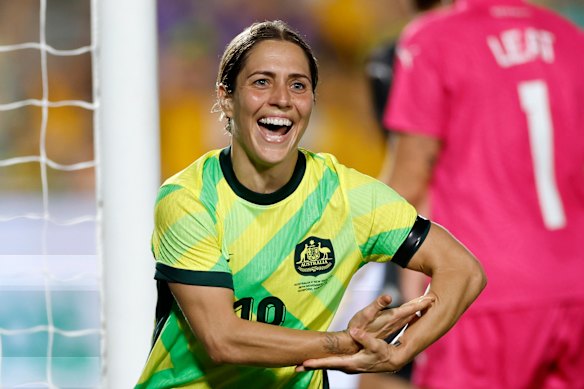 Katrina Gorry celebrates scoring a goal during last year’s friendly against New Zealand.