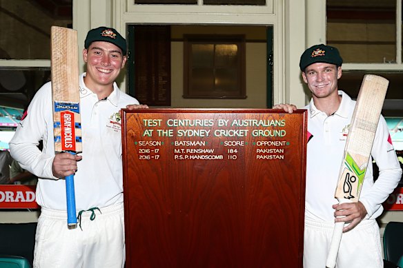 Matt Renshaw with Pete Handscomb after his first Test hundred in January 2017.