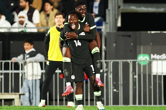 Nestory Irankunda and Mohamed Toure during an International Friendly match between the New Zealand All Whites and the Socceroos last year.