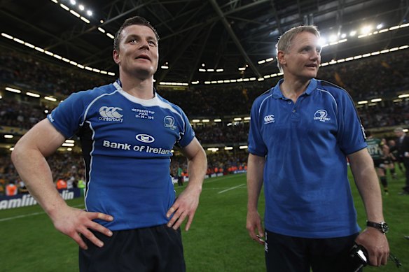Brian O’Driscoll and Joe Schmidt after Leinster’s Heineken Cup final victory over Northampton in 2011.