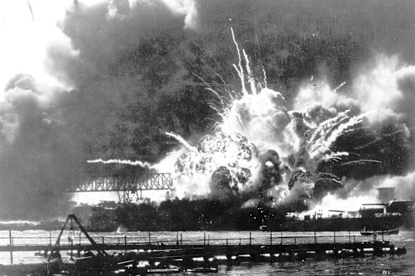 The destroyer USS Shaw explodes after being hit by bombs during the Japanese attack on Pearl Harbour, Hawaii on December 7, 1941.