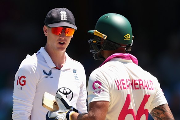 Harry Brook exchanges words with Australia’s Jake Weatherald during the fifth Ashes Test. 