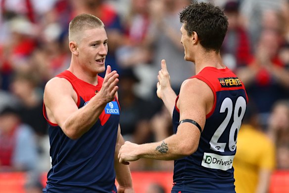 Jacob van Rooyen celebrates with new teammate Brody Mihocek.