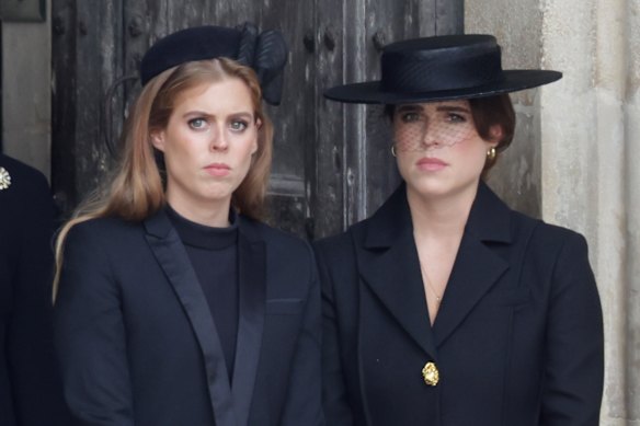Princesses Beatrice and Eugenie at the funeral of their grandmother, Queen Elizabeth II, in 2022.