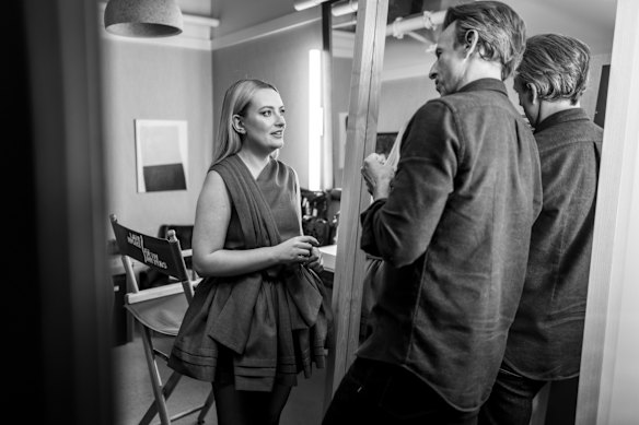 Amelia Dimoldenberg with chat show host Seth Meyers backstage at Late Night with Seth Meyers.