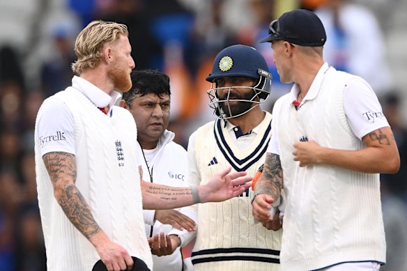 Ben Stokes (left) and Ravindra Jadeja exchange words at the end of the fourth Test.