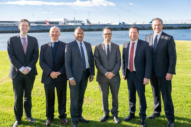 At the announcement of a new $3.5b logistics hub on the site of the Kogarah Golf Club course in southern Sydney on Monday, from left: Bayside Council Mayor, Edward McDougall, John Boyd Properties Director, John Boyd, Stockland CEO Tarun Gupta, NSW Treasurer Daniel Mookhey, NSW Minister for Planning and Public Spaces Paul Scully, NSW Minister for Lands and Property, Multiculturalism, Sport and Jobs and Tourism and Member for Rockdale Stephen Kamper.