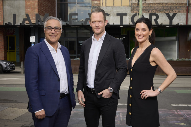 Team Gurner: CEO Ahmed Fahour (left), founder Tim Gurner and general counsel Kate Cookes at the Jam Factory site.