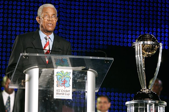Sobers speaks during the opening ceremony of the 2007 Cricket World Cup