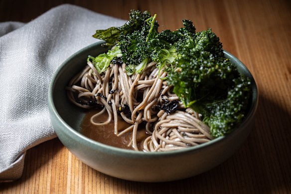 Nori makguksu - buckwheat noodles with nori vinaigrette and kale.