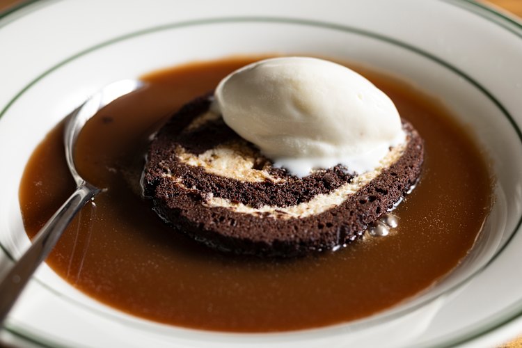 Chocolate Swiss roll with butterscotch sauce and fenugreek ice-cream.