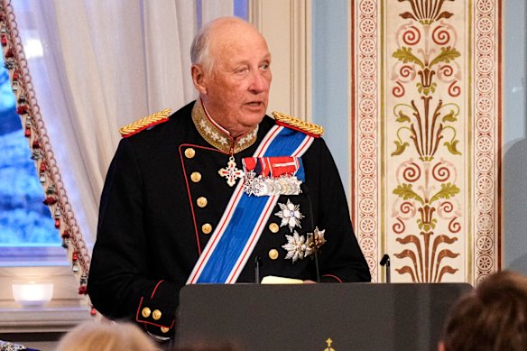 Norway’s King Harald gives a speech during a gala dinner in October 2025.