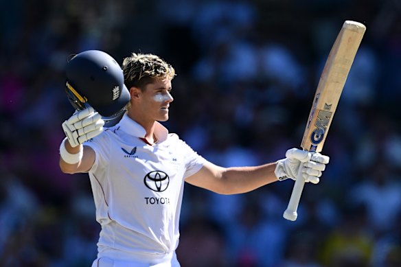 Jacob Bethell celebrates his maiden Test ton.