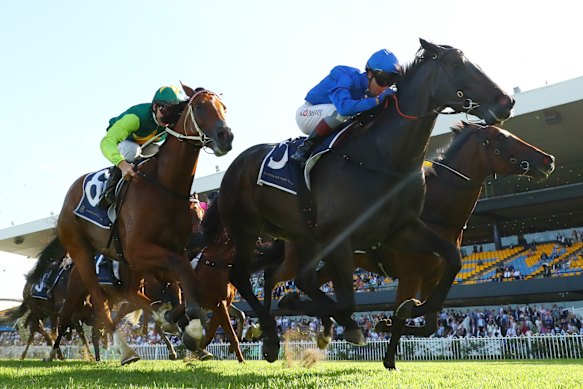 Yellow Brick and Jason Collett, left, finish third to Pericles and Freedom Rally in the Five Diamonds.