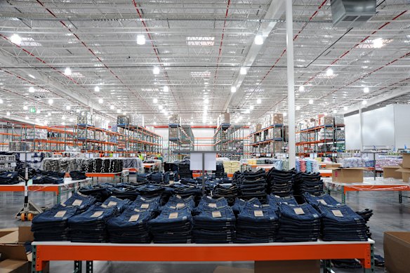Costco’s private label Kirkland-brand jeans line a display table at its Docklands store.