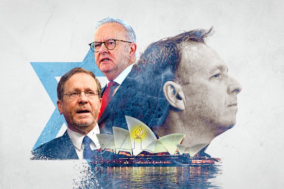 Israeli President Isaac Herzog, Prime Minister Anthony Albanese and Jeremy Leibler.