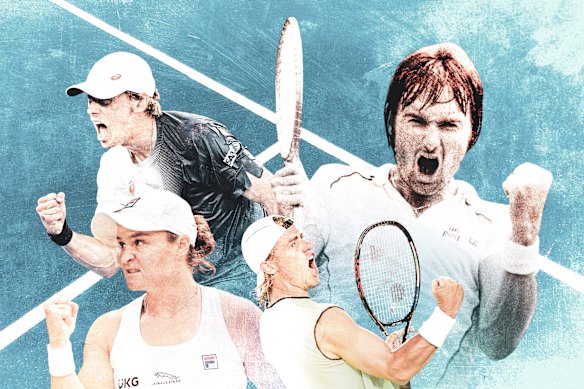 Alex de Minaur, Ash Barty, Lleyton Hewitt and Jimmy Connors doing the fist pump.