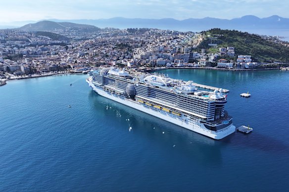 The Sun Princess pulls into Kusadasi, Turkey, a popular port on eastern Mediterranean cruises.