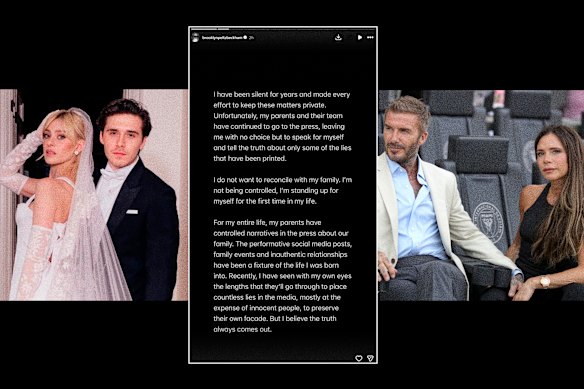 Brooklyn Peltz Beckham has confirmed years-long speculation of a rift between himself, his wife Nicola Peltz Beckham, and his parents, Sir David Beckham and Lady Victoria Beckham, in a sensational statement shared to Instagram.