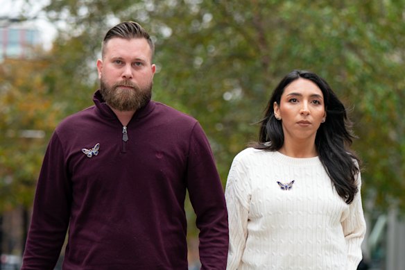 Virginia Giuffre’s brother, Sky Roberts, left, with his wife, Amanda, in Washington this month.