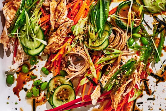 Leftover roast chicken soba salad with sesame dressing and furikake.