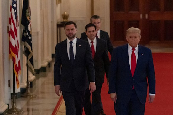 President Donald Trump arriving to speak at the White House after the US struck three Iranian nuclear and military sites.