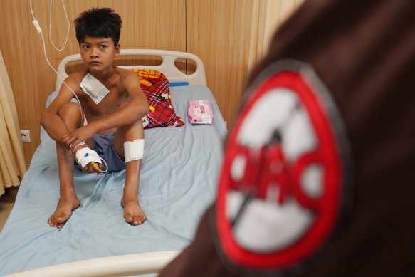 Yeath Saly, 11, was injured while playing with unexploded ordnance near his Cambodian village on Wednesday last week.