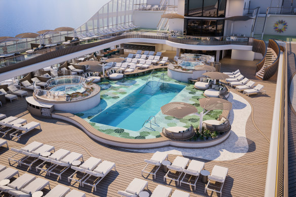 An artist’s impression of the pool area on Oceania Allura, set to launch later this year.