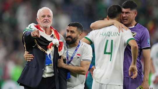 Iraq’s coach Graham Arnold celebrates World Cup qualification. 