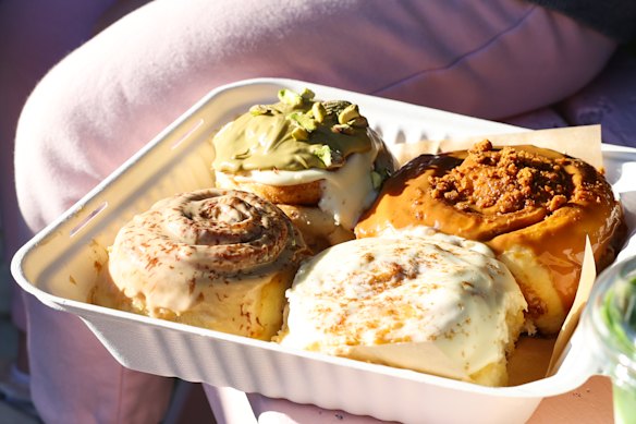 Kinder Bueno, pistachio, Biscoff and traditional cinnamon scrolls at Sundays Bondi.