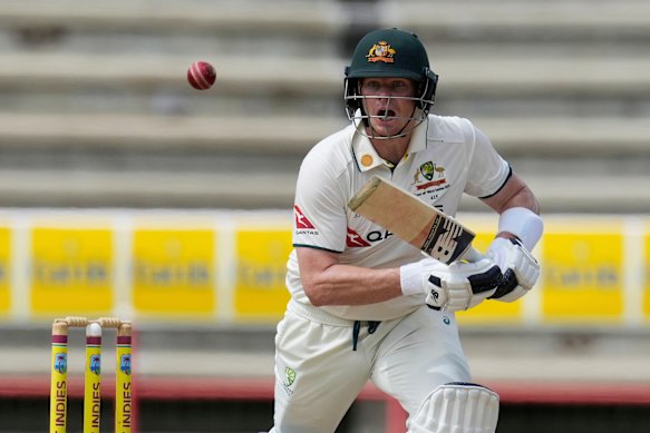 Australia’s Steve Smith plays a shot against West Indies on day three of the second cricket Test match in Grenada.